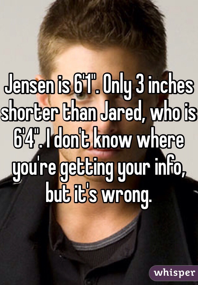 Jensen is 6'1". Only 3 inches shorter than Jared, who is 6'4". I don't know where you're getting your info, but it's wrong. 