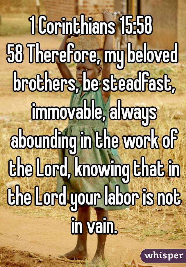 1 Corinthians 15:58 

58 Therefore, my beloved brothers, be steadfast, immovable, always abounding in the work of the Lord, knowing that in the Lord your labor is not in vain.