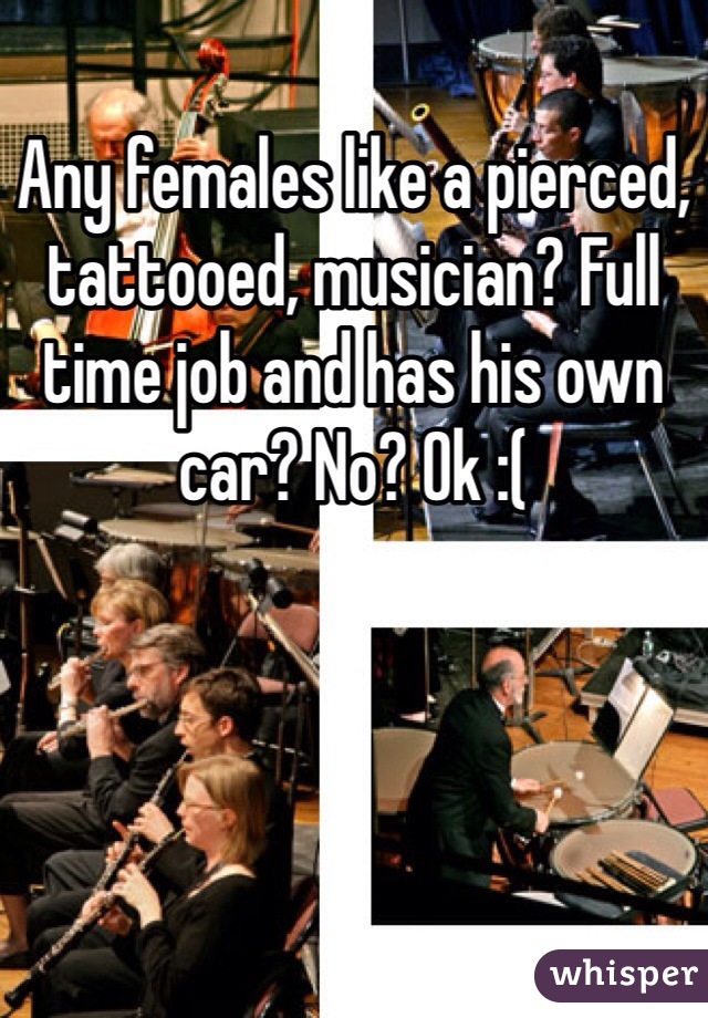 Any females like a pierced, tattooed, musician? Full time job and has his own car? No? Ok :(