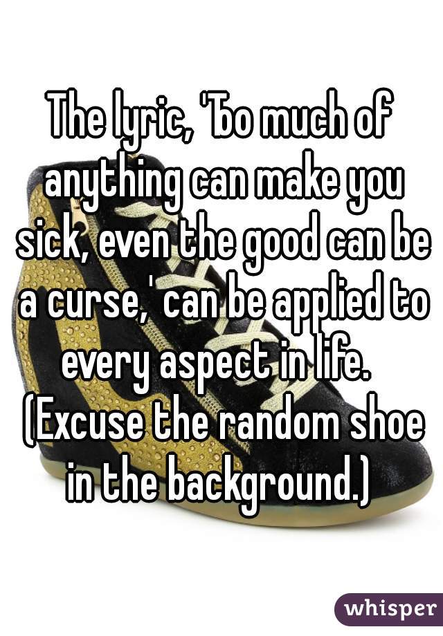The lyric, 'Too much of anything can make you sick, even the good can be a curse,' can be applied to every aspect in life.   (Excuse the random shoe in the background.) 