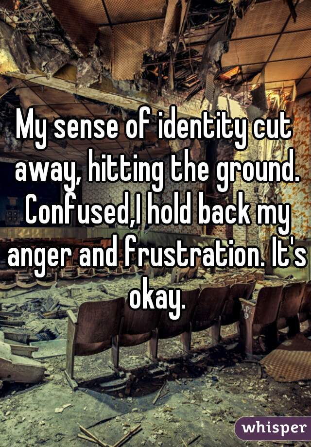 My sense of identity cut away, hitting the ground. Confused,I hold back my anger and frustration. It's okay.