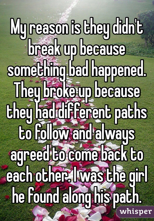 My reason is they didn't break up because something bad happened. They broke up because they had different paths to follow and always agreed to come back to each other. I was the girl he found along his path. 