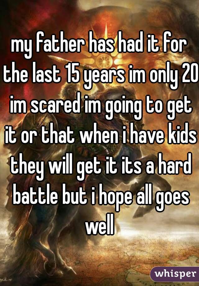 my father has had it for the last 15 years im only 20 im scared im going to get it or that when i have kids they will get it its a hard battle but i hope all goes well 
