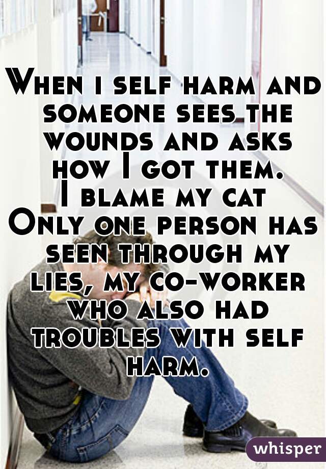 When i self harm and someone sees the wounds and asks how I got them.
I blame my cat
Only one person has seen through my lies, my co-worker who also had troubles with self harm.