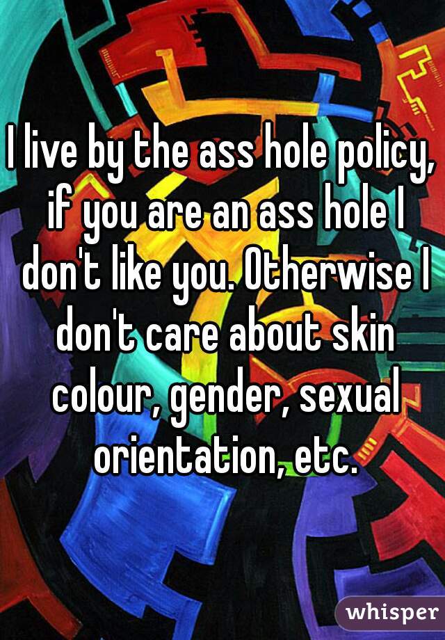 I live by the ass hole policy, if you are an ass hole I don't like you. Otherwise I don't care about skin colour, gender, sexual orientation, etc.