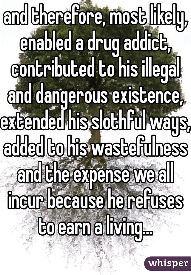 and therefore, most likely, enabled a drug addict, contributed to his illegal and dangerous existence, extended his slothful ways, added to his wastefulness and the expense we all incur because he refuses to earn a living…