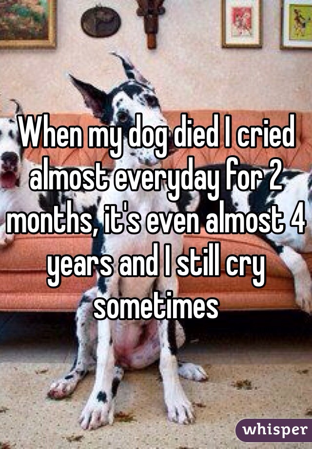 When my dog died I cried almost everyday for 2 months, it's even almost 4 years and I still cry sometimes 