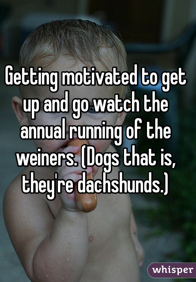 Getting motivated to get up and go watch the annual running of the weiners. (Dogs that is, they're dachshunds.)