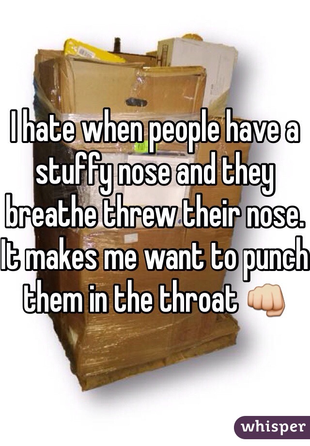 I hate when people have a stuffy nose and they breathe threw their nose. It makes me want to punch them in the throat 👊