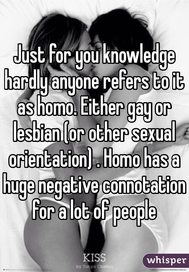 Just for you knowledge hardly anyone refers to it as homo. Either gay or lesbian (or other sexual orientation) . Homo has a huge negative connotation for a lot of people