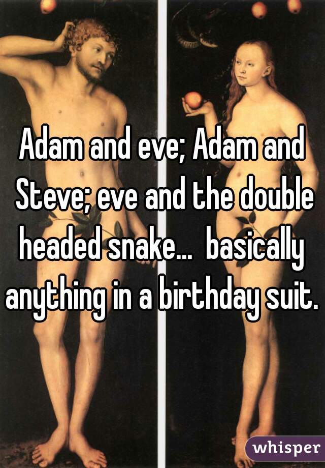 Adam and eve; Adam and Steve; eve and the double headed snake...  basically  anything in a birthday suit. 