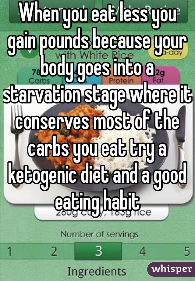 When you eat less you gain pounds because your body goes into a starvation stage where it conserves most of the carbs you eat try a ketogenic diet and a good eating habit 