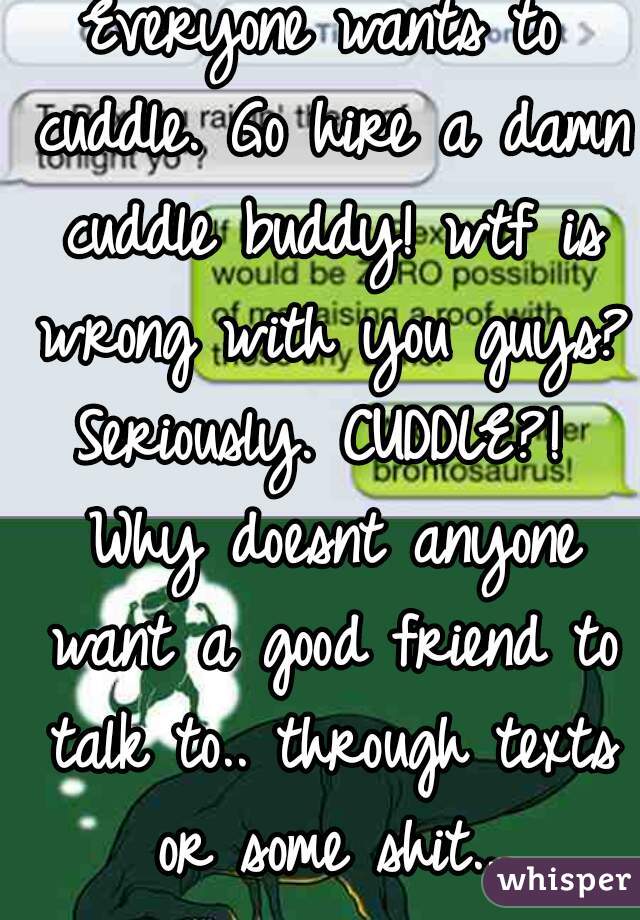 Everyone wants to cuddle. Go hire a damn cuddle buddy! wtf is wrong with you guys? Seriously. CUDDLE?!  Why doesnt anyone want a good friend to talk to.. through texts or some shit...