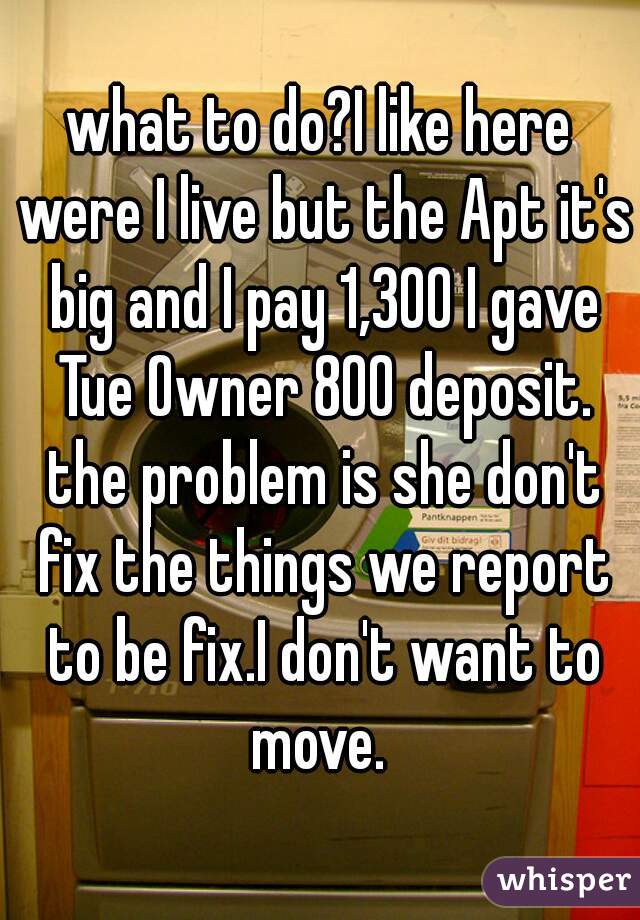 what to do?I like here were I live but the Apt it's big and I pay 1,300 I gave Tue Owner 800 deposit. the problem is she don't fix the things we report to be fix.I don't want to move. 