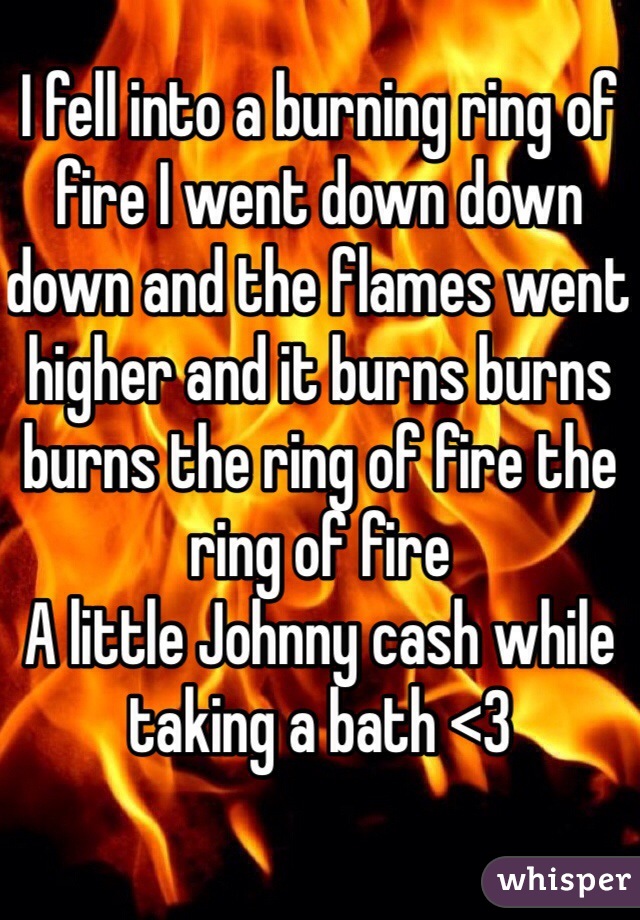 I fell into a burning ring of fire I went down down down and the flames went higher and it burns burns burns the ring of fire the ring of fire 
A little Johnny cash while taking a bath <3 