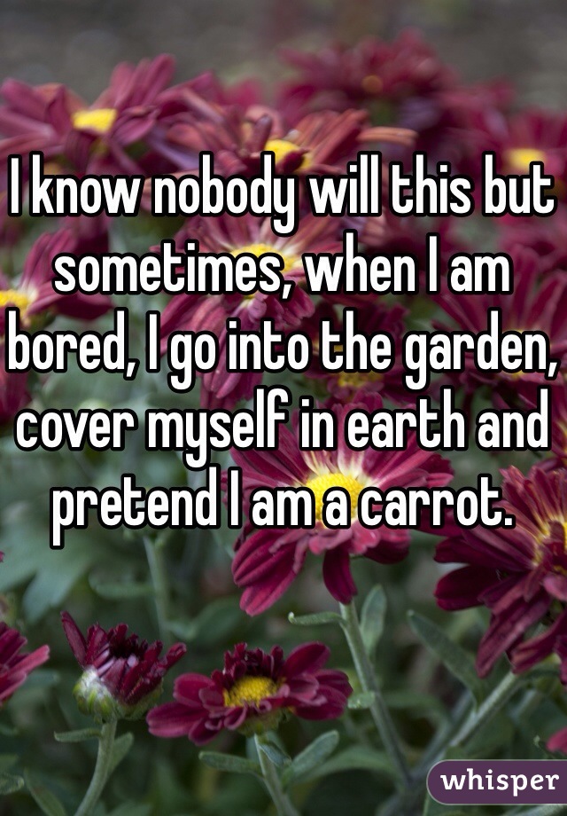 I know nobody will this but sometimes, when I am bored, I go into the garden, cover myself in earth and pretend I am a carrot.