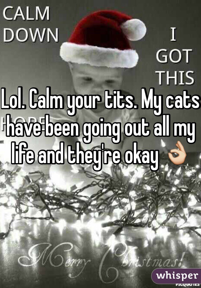 Lol. Calm your tits. My cats have been going out all my life and they're okay 👌
