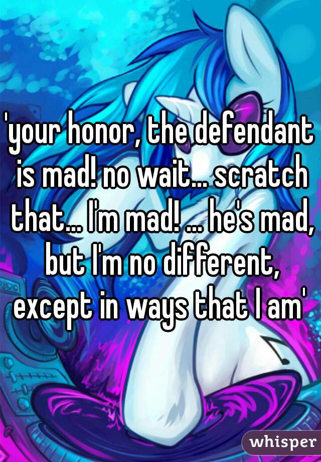 'your honor, the defendant is mad! no wait... scratch that... I'm mad! ... he's mad, but I'm no different, except in ways that I am' 
