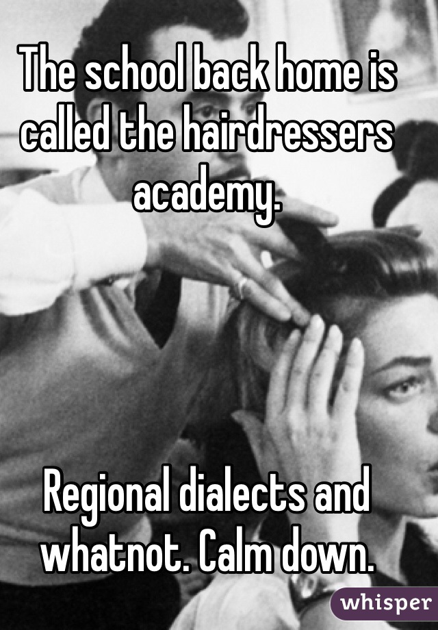 The school back home is called the hairdressers academy.




Regional dialects and whatnot. Calm down.