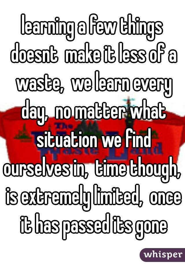 learning a few things doesnt  make it less of a waste,  we learn every day,  no matter what situation we find ourselves in,  time though,  is extremely limited,  once it has passed its gone