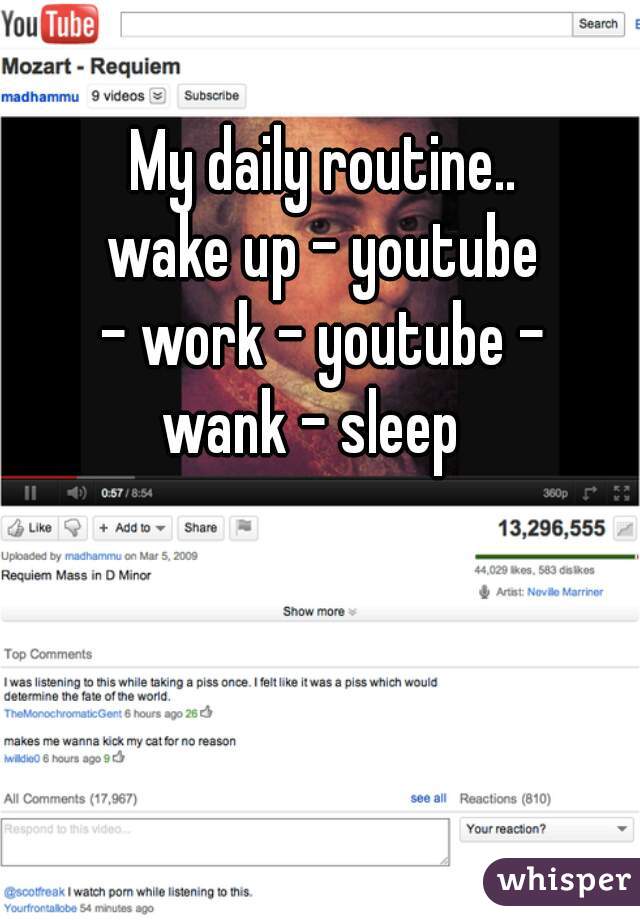 My daily routine..
wake up - youtube
 - work - youtube - 
wank - sleep  