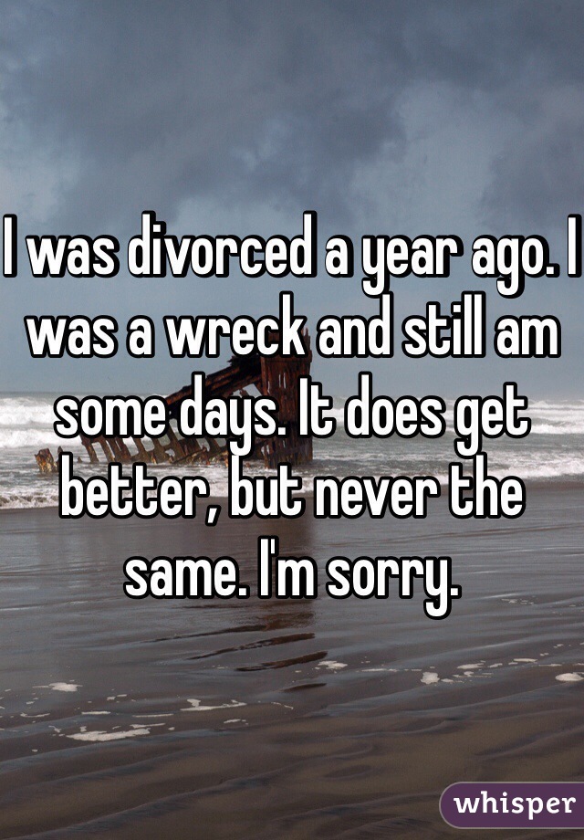I was divorced a year ago. I was a wreck and still am some days. It does get better, but never the same. I'm sorry.