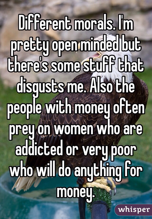 Different morals. I'm pretty open minded but there's some stuff that disgusts me. Also the people with money often prey on women who are addicted or very poor who will do anything for money. 