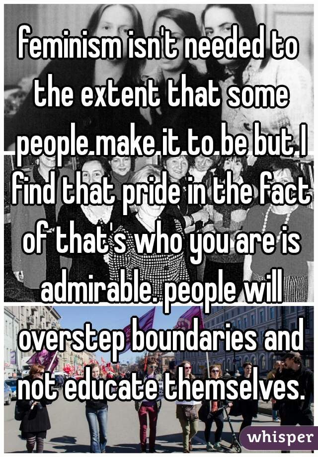 feminism isn't needed to the extent that some people make it to be but I find that pride in the fact of that's who you are is admirable. people will overstep boundaries and not educate themselves.