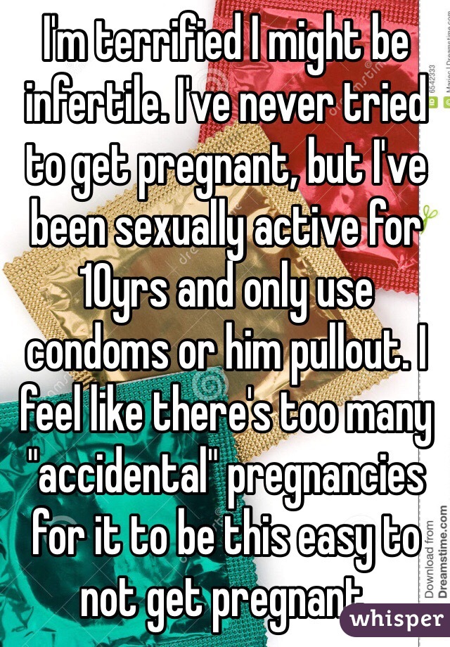 I'm terrified I might be infertile. I've never tried to get pregnant, but I've been sexually active for 10yrs and only use condoms or him pullout. I feel like there's too many "accidental" pregnancies for it to be this easy to not get pregnant. 