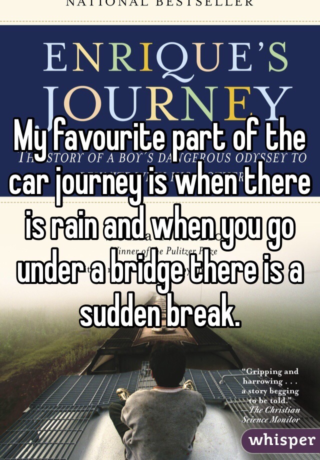 My favourite part of the car journey is when there is rain and when you go under a bridge there is a sudden break.