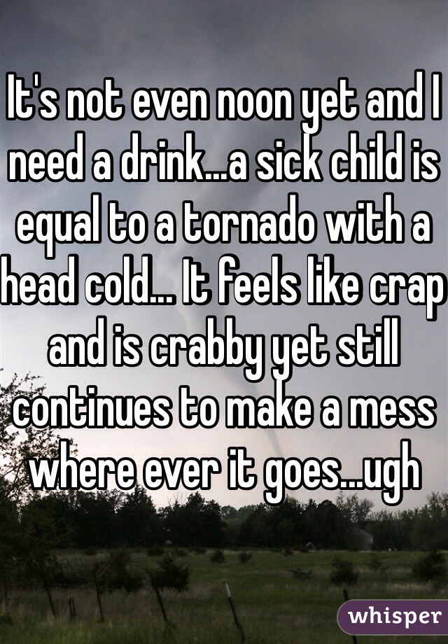 It's not even noon yet and I need a drink...a sick child is equal to a tornado with a head cold... It feels like crap and is crabby yet still continues to make a mess where ever it goes...ugh