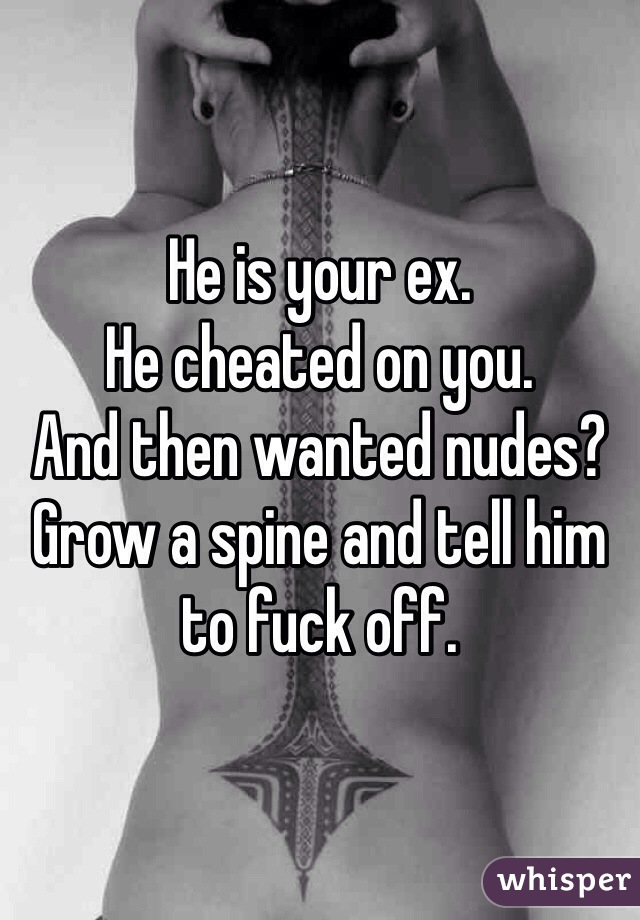 He is your ex. 
He cheated on you. 
And then wanted nudes?
Grow a spine and tell him to fuck off. 