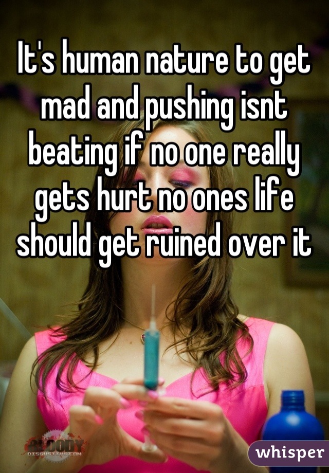 It's human nature to get mad and pushing isnt beating if no one really gets hurt no ones life should get ruined over it
