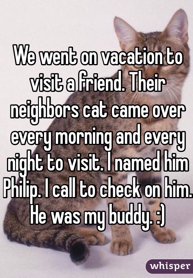 We went on vacation to visit a friend. Their neighbors cat came over every morning and every night to visit. I named him Philip. I call to check on him. He was my buddy. :)