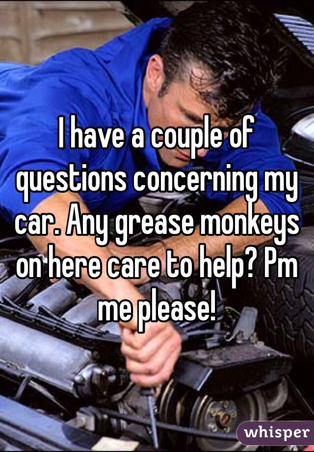 I have a couple of questions concerning my car. Any grease monkeys on here care to help? Pm me please! 