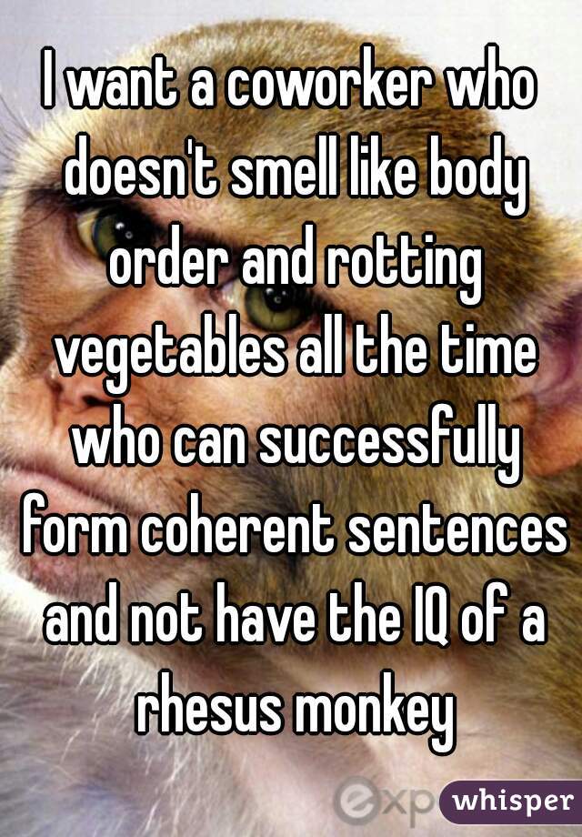 I want a coworker who doesn't smell like body order and rotting vegetables all the time who can successfully form coherent sentences and not have the IQ of a rhesus monkey
