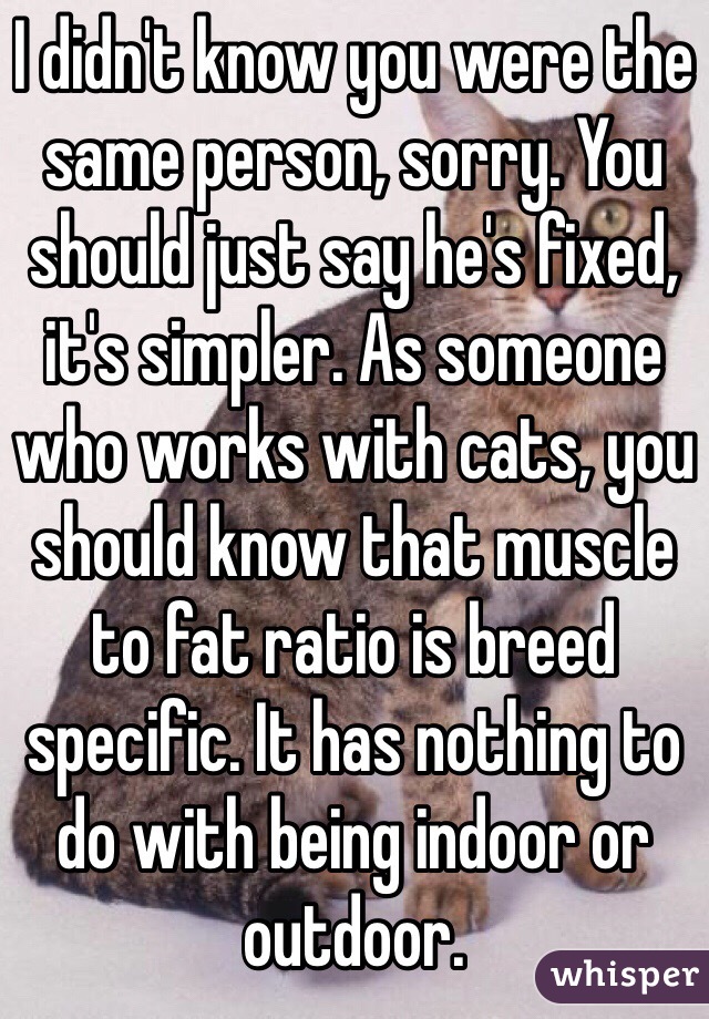 I didn't know you were the same person, sorry. You should just say he's fixed, it's simpler. As someone who works with cats, you should know that muscle to fat ratio is breed specific. It has nothing to do with being indoor or outdoor. 