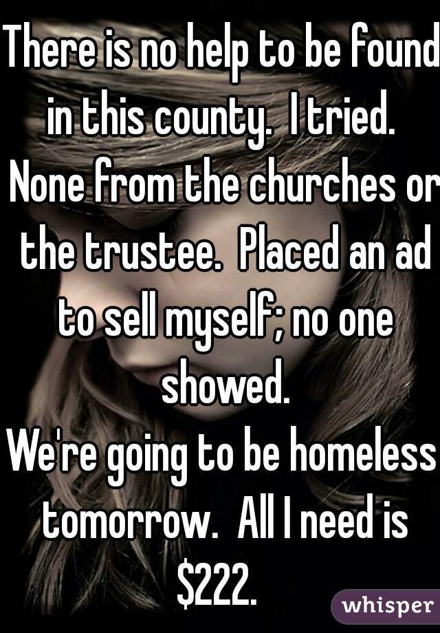 There is no help to be found in this county.  I tried.  None from the churches or the trustee.  Placed an ad to sell myself; no one showed.

We're going to be homeless tomorrow.  All I need is $222.  