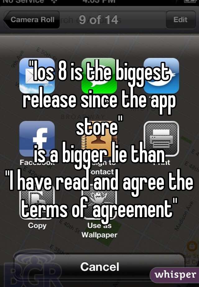 "Ios 8 is the biggest release since the app store" 
is a bigger lie than 
"I have read and agree the terms of agreement" 
