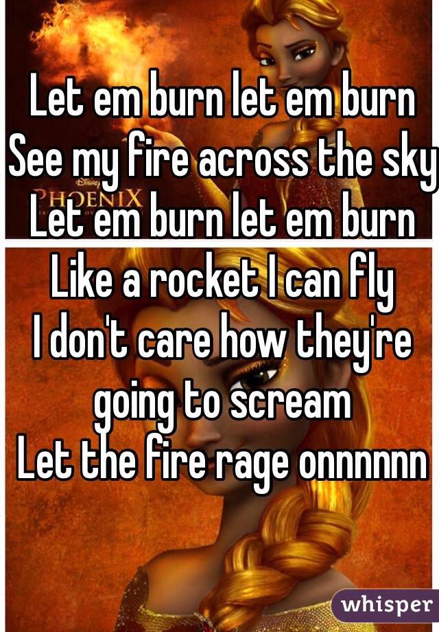 Let em burn let em burn
See my fire across the sky
Let em burn let em burn
Like a rocket I can fly
I don't care how they're going to scream
Let the fire rage onnnnnn 