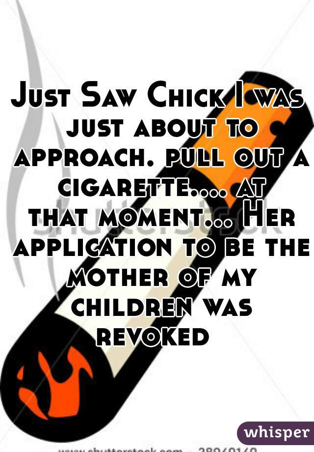 Just Saw Chick I was just about to approach. pull out a cigarette.... at that moment... Her application to be the mother of my children was revoked  