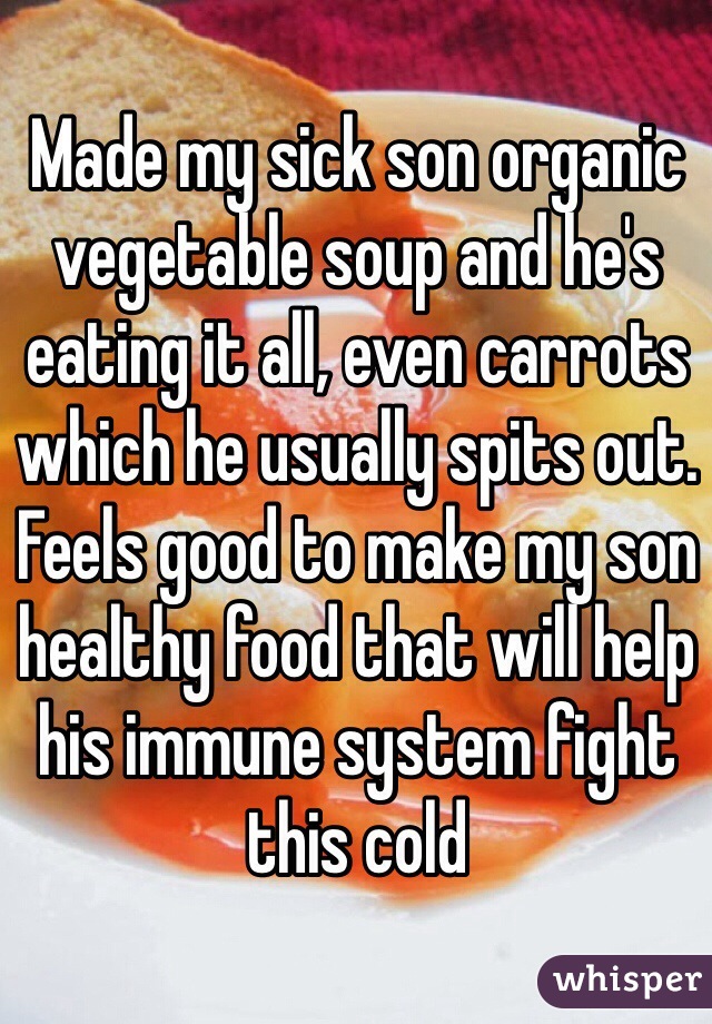 Made my sick son organic vegetable soup and he's eating it all, even carrots which he usually spits out. Feels good to make my son healthy food that will help his immune system fight this cold
