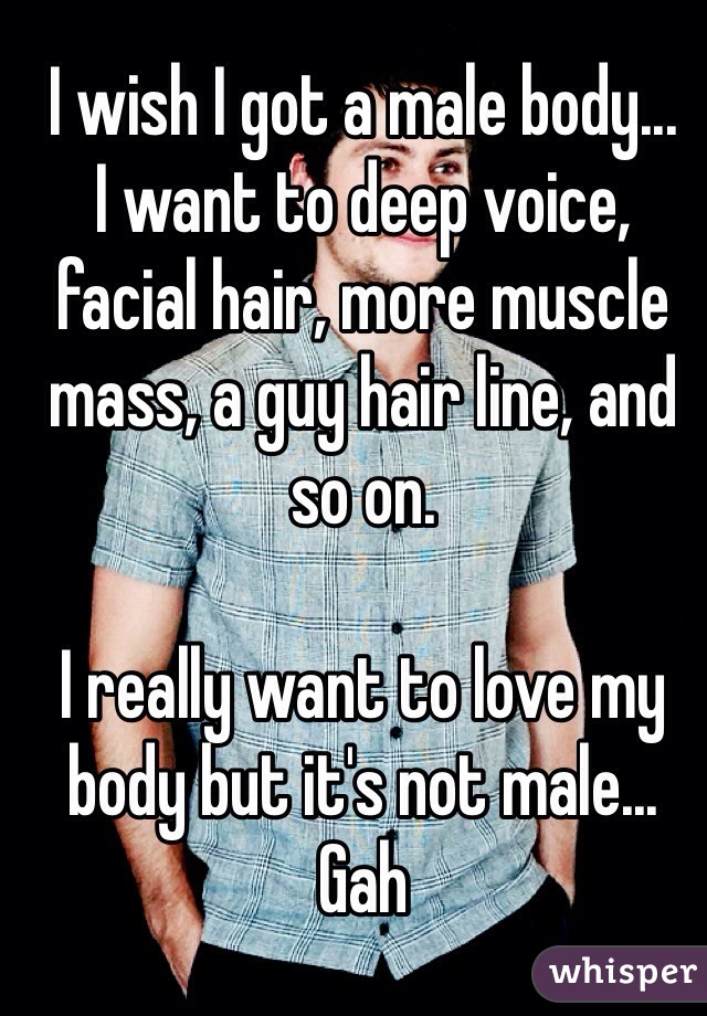 I wish I got a male body...
I want to deep voice, facial hair, more muscle mass, a guy hair line, and so on.

I really want to love my body but it's not male... Gah