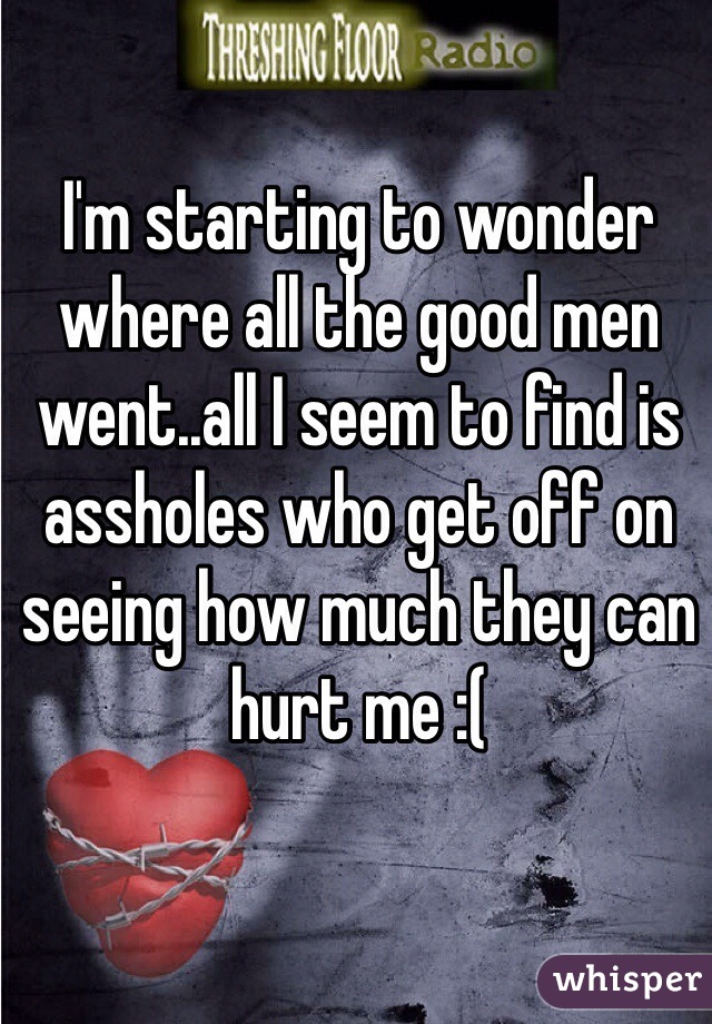 I'm starting to wonder where all the good men went..all I seem to find is assholes who get off on seeing how much they can hurt me :( 