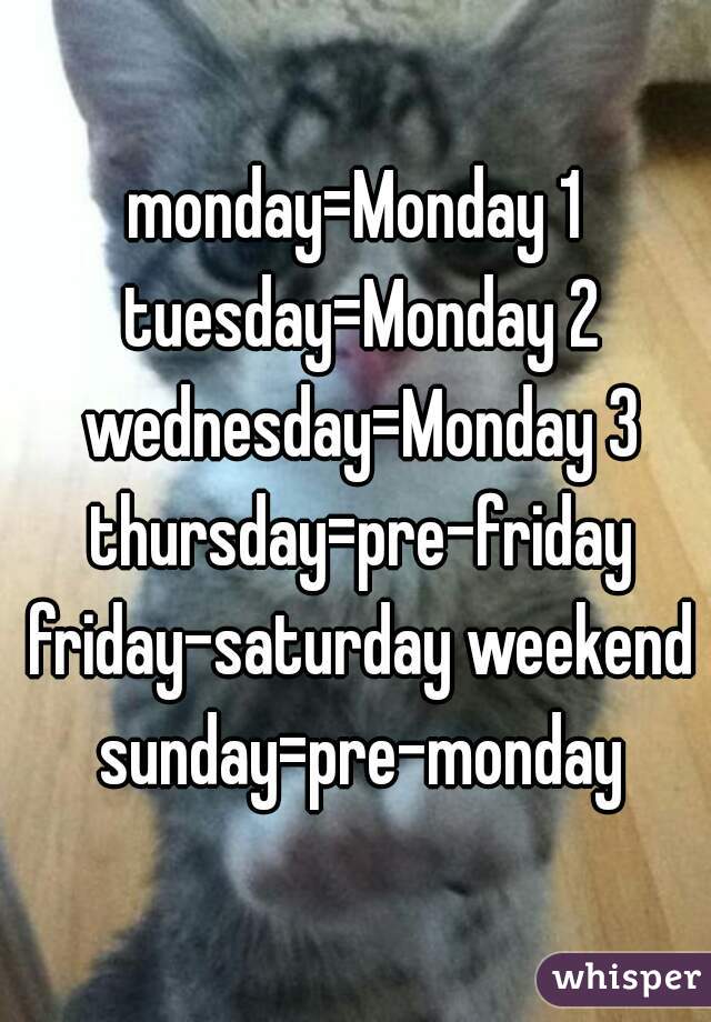 monday=Monday 1 tuesday=Monday 2 wednesday=Monday 3 thursday=pre-friday friday-saturday weekend sunday=pre-monday