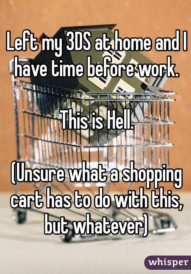 Left my 3DS at home and I have time before work. 

This is Hell.

(Unsure what a shopping cart has to do with this, but whatever)