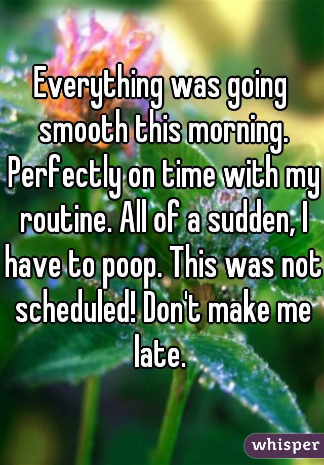 Everything was going smooth this morning. Perfectly on time with my routine. All of a sudden, I have to poop. This was not scheduled! Don't make me late. 