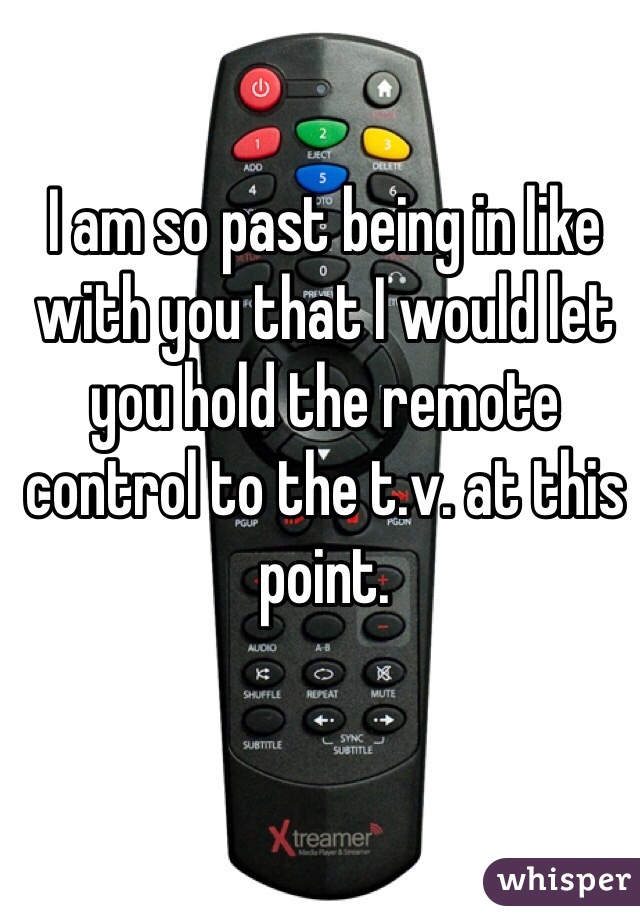 I am so past being in like with you that I would let you hold the remote control to the t.v. at this point.