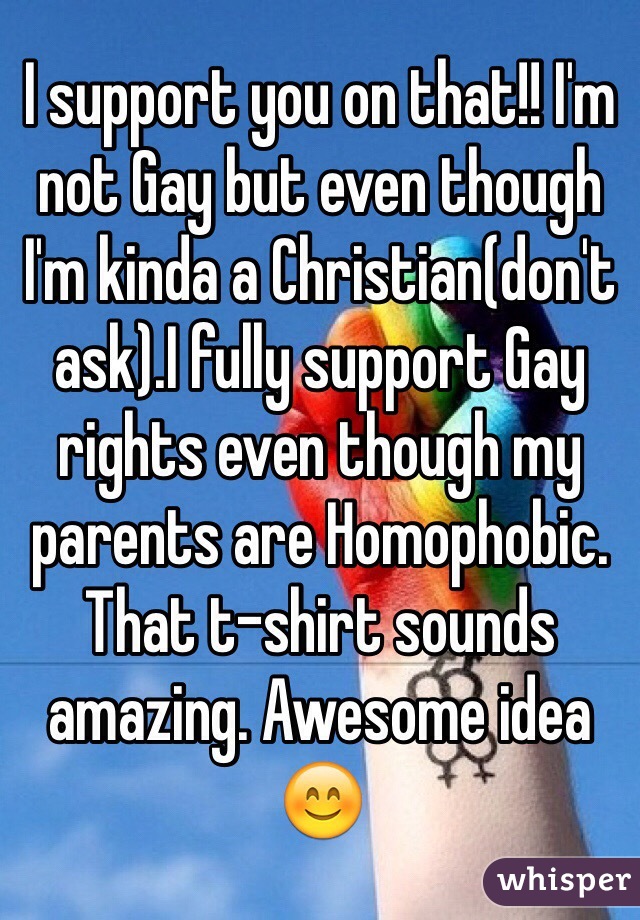 I support you on that!! I'm not Gay but even though I'm kinda a Christian(don't ask).I fully support Gay rights even though my parents are Homophobic. That t-shirt sounds amazing. Awesome idea 😊