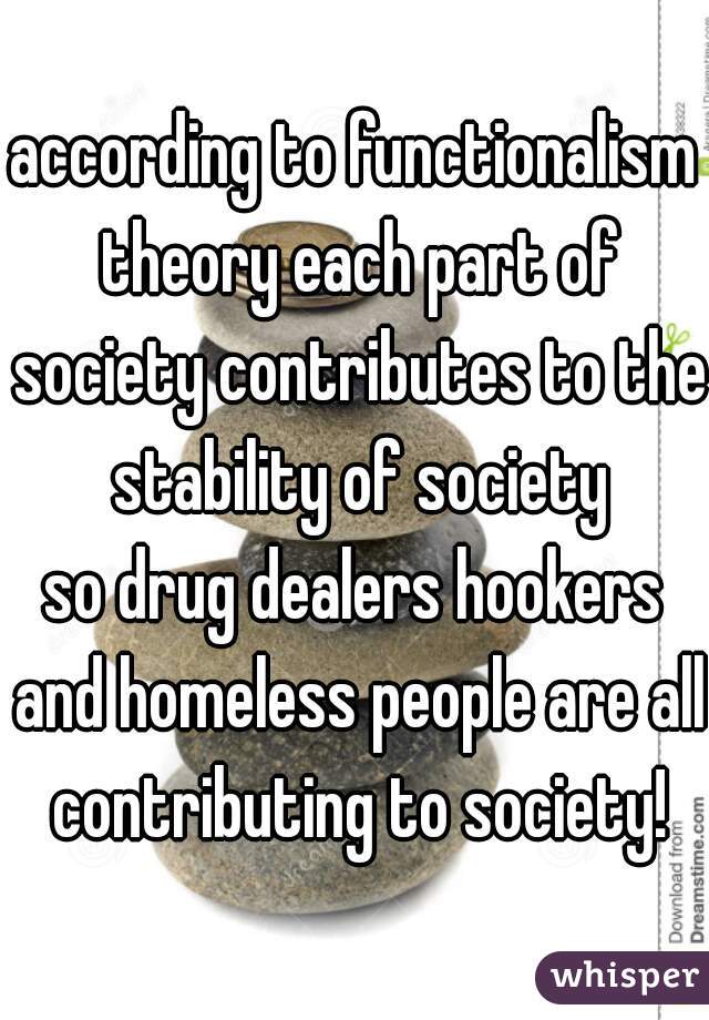 according to functionalism theory each part of society contributes to the stability of society
so drug dealers hookers and homeless people are all contributing to society!